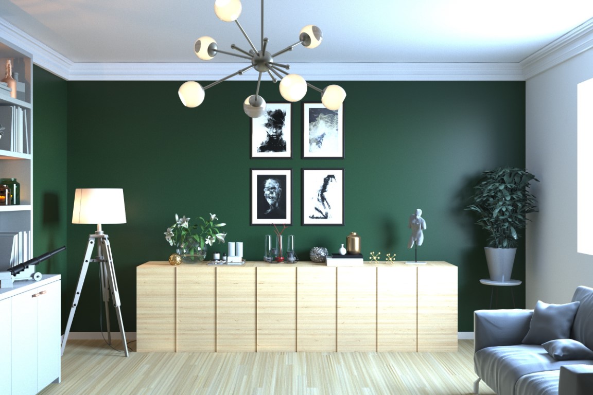 Salon avec mur vert sapin